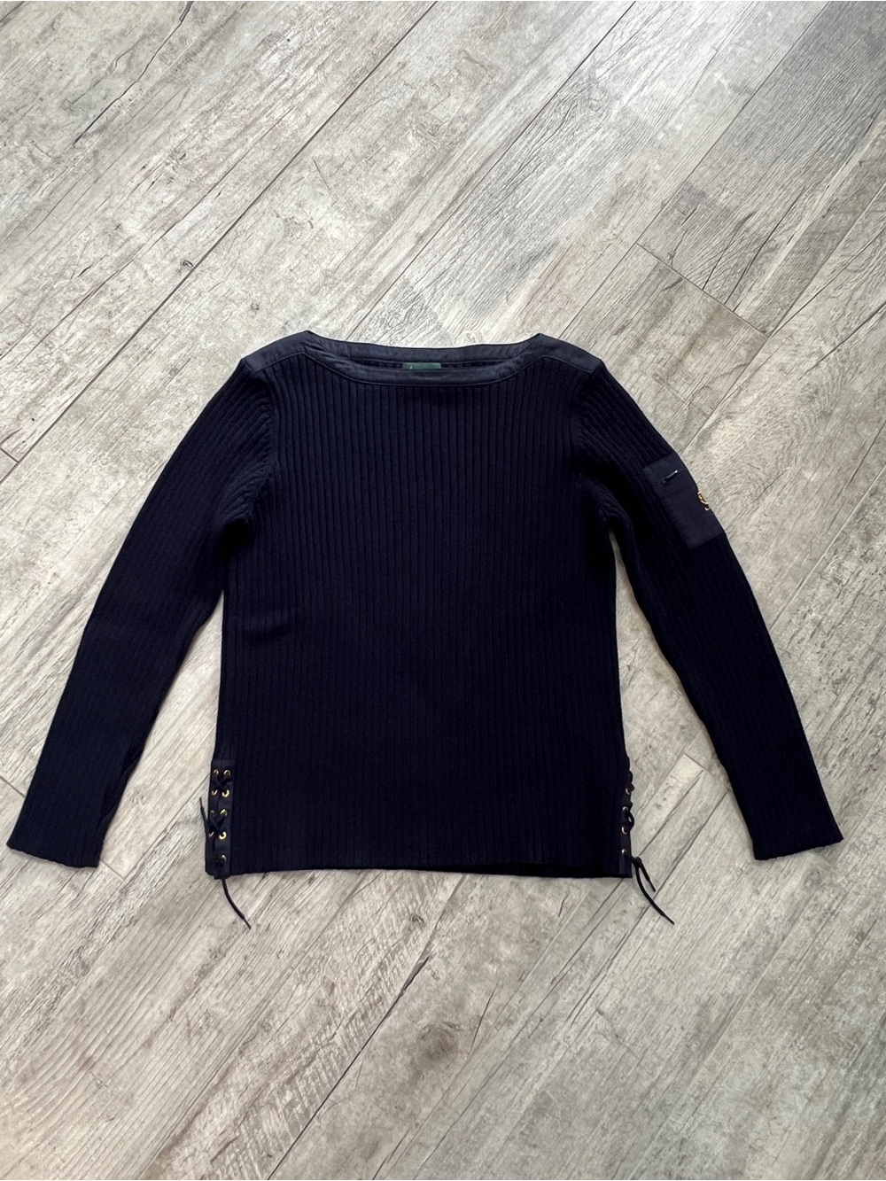 Ralph Lauren Nautical 100% Cotton Navy Ribbed Lace-Up Crewneck Sweater Sz L